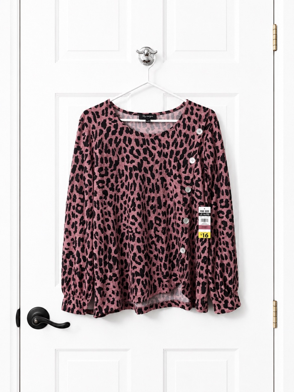 Pink Leopard Print Long-Sleeve Blouse